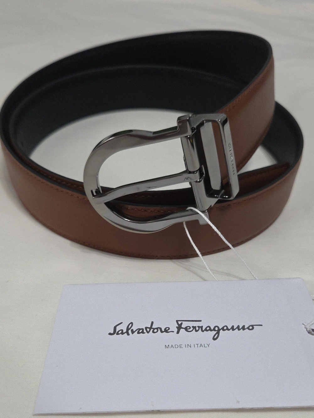 Salvatore Ferragamo Black & Camel Leather Belt Silver Gancini Buckle